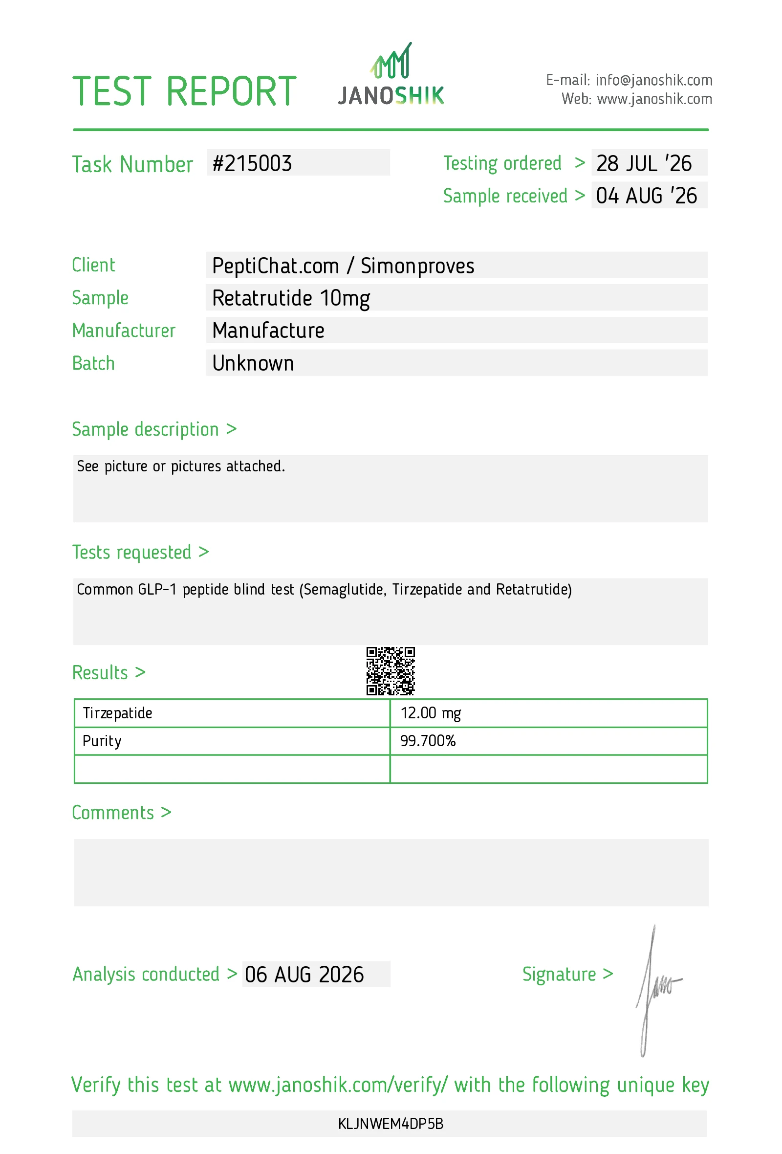 Laborbericht von Janoshik Analytical im Original